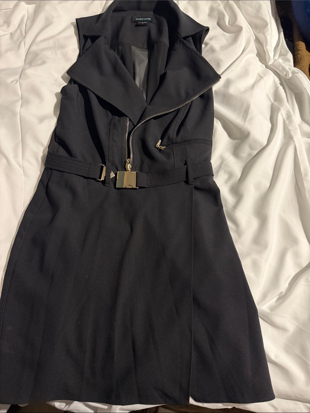 Marciano Black Sleeveless Zip-Belt Mini Dress with Gold Hardware